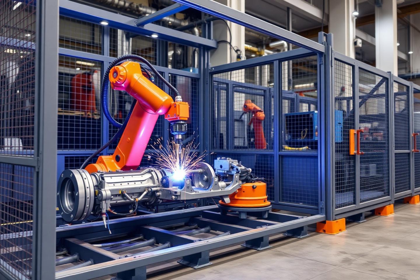 Six-axis robot MIG welding a steel chassis part inside a fenced cell