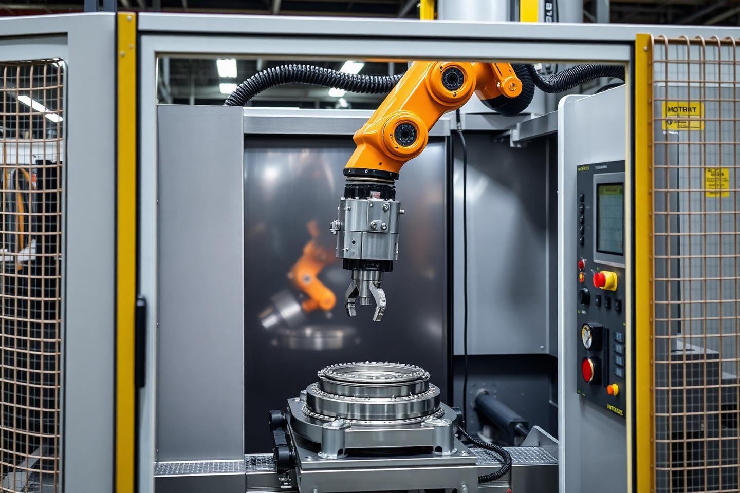 Robot arm loading a metal part into a CNC machine