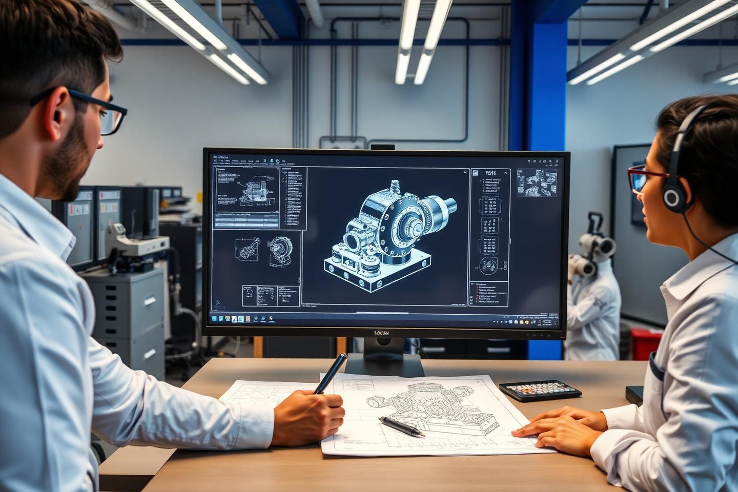 Engineers reviewing a 3D machine design on a large monitor