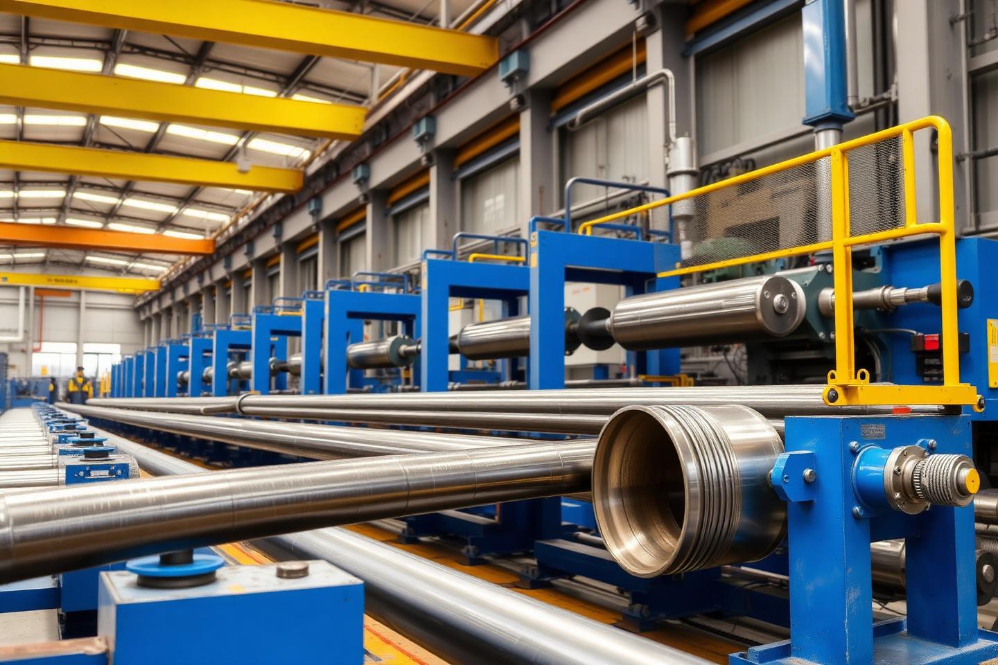 Solar torque tube forming and welding line with steel tubes on rollers